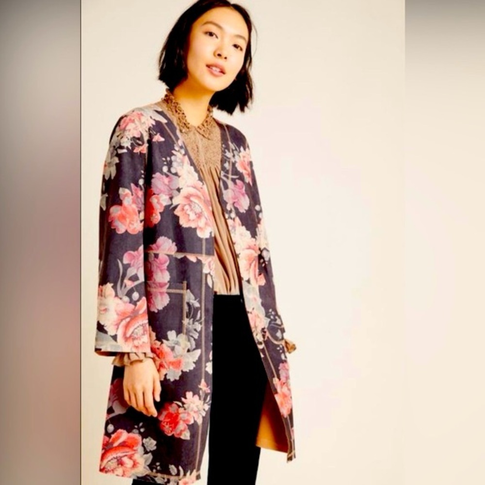 Anthropologie Solitaire Floral Emilie Faux Suede Open Front Coat Duster Womens M